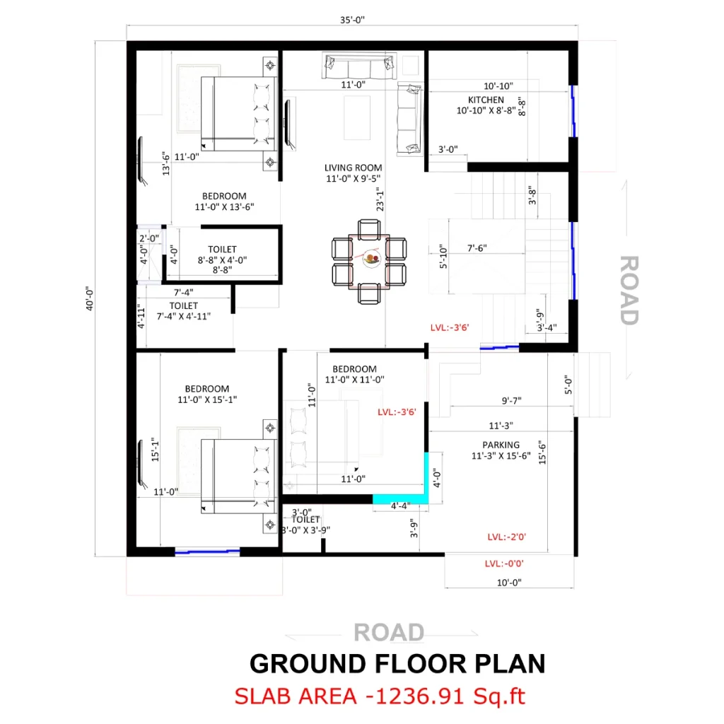 35x40 House Plan Layout for the Ground Floor