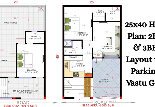 25x40 House Plan: 2BHK & 3BHK Layout with Parking + Vastu Guide