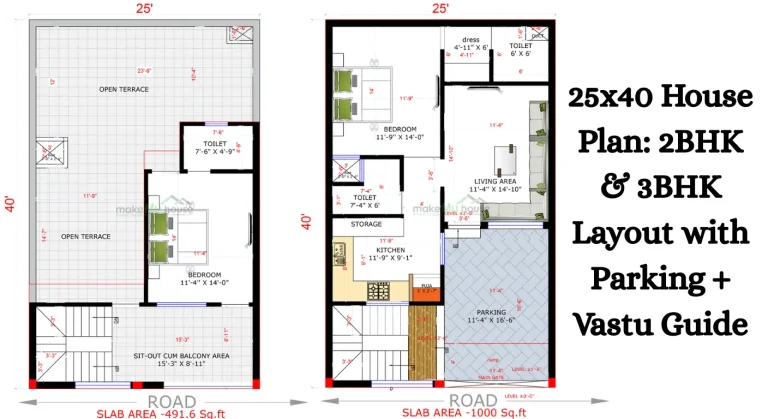 25x40 House Plan: 2BHK & 3BHK Layout with Parking + Vastu Guide
