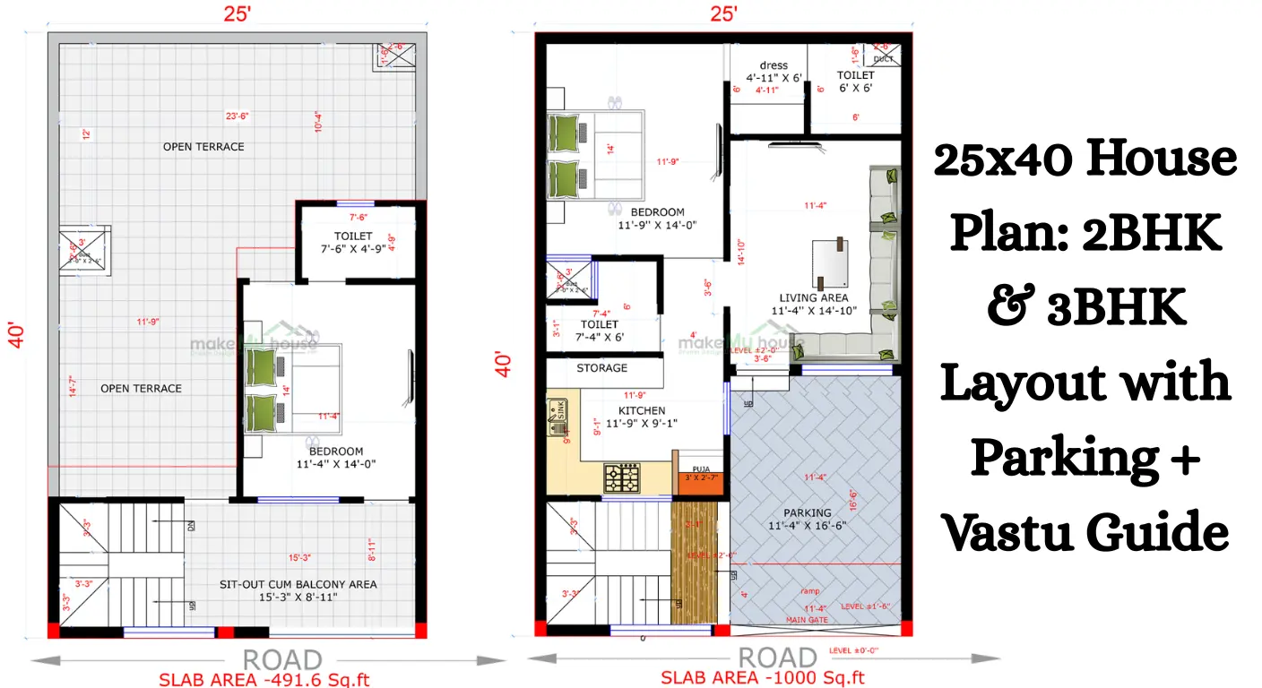 25x40 House Plan: 2BHK & 3BHK Layout with Parking + Vastu Guide