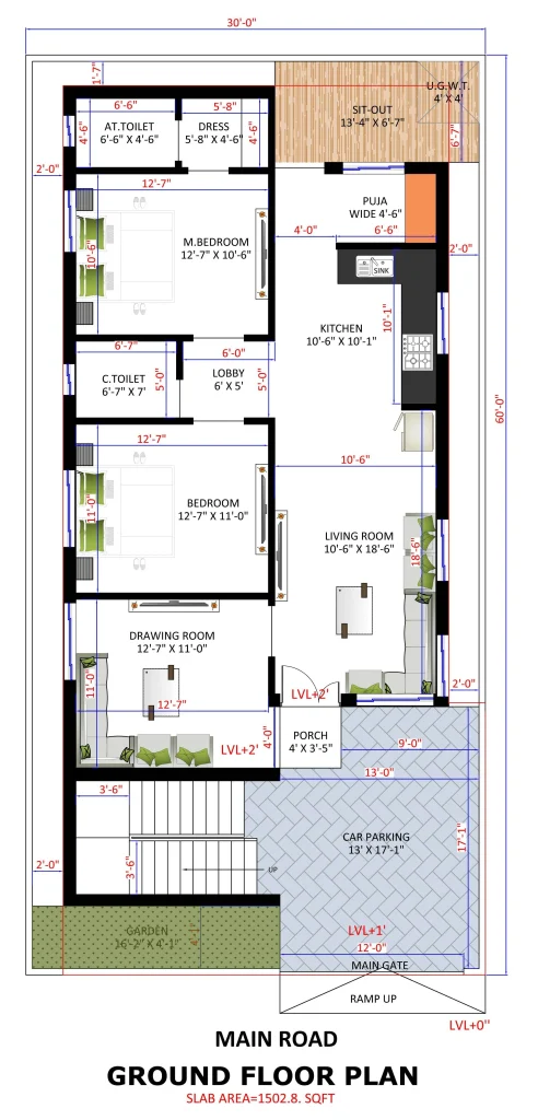  3BHK 30x60 House Plan